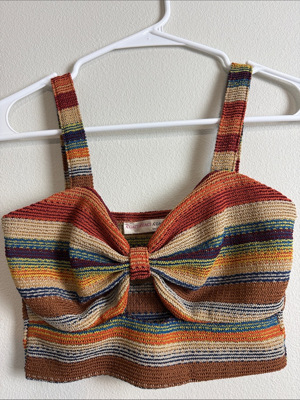 a'gaci Striped Bow Front Knit Crop Top in Orange, Brown, Blue, Cream, Pink